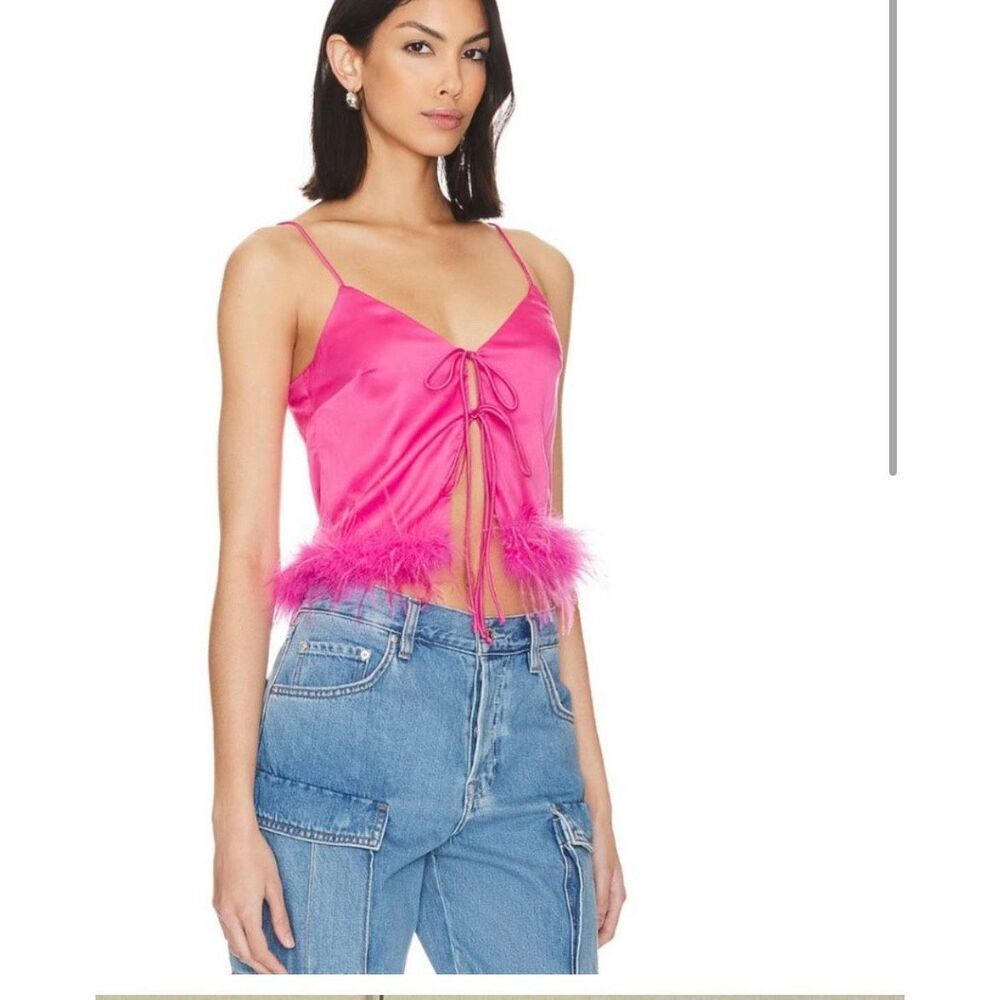 REVOLVE Hot Pink Satin Feather-Trim Crop Top